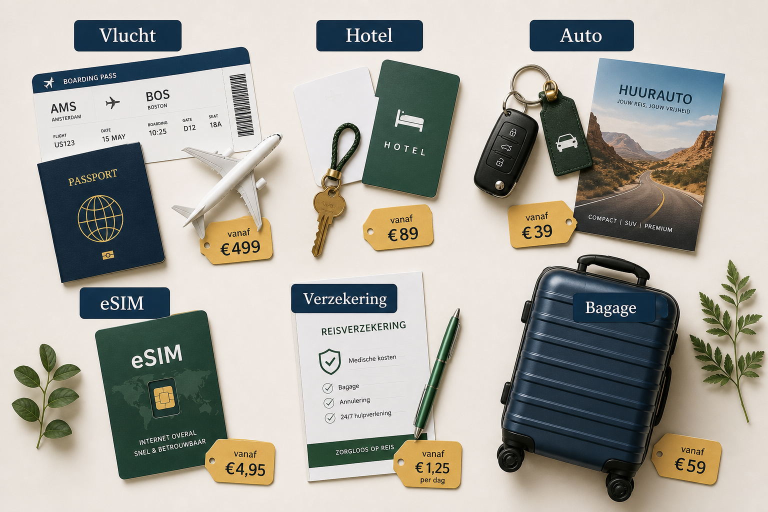 Overzicht van vliegtickets, hotels en huurauto keuzes voor Amerika